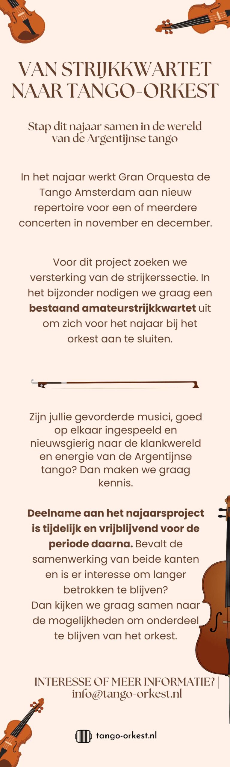 Strijkkwartet gezocht Tango Orkest NL Mobiele versie