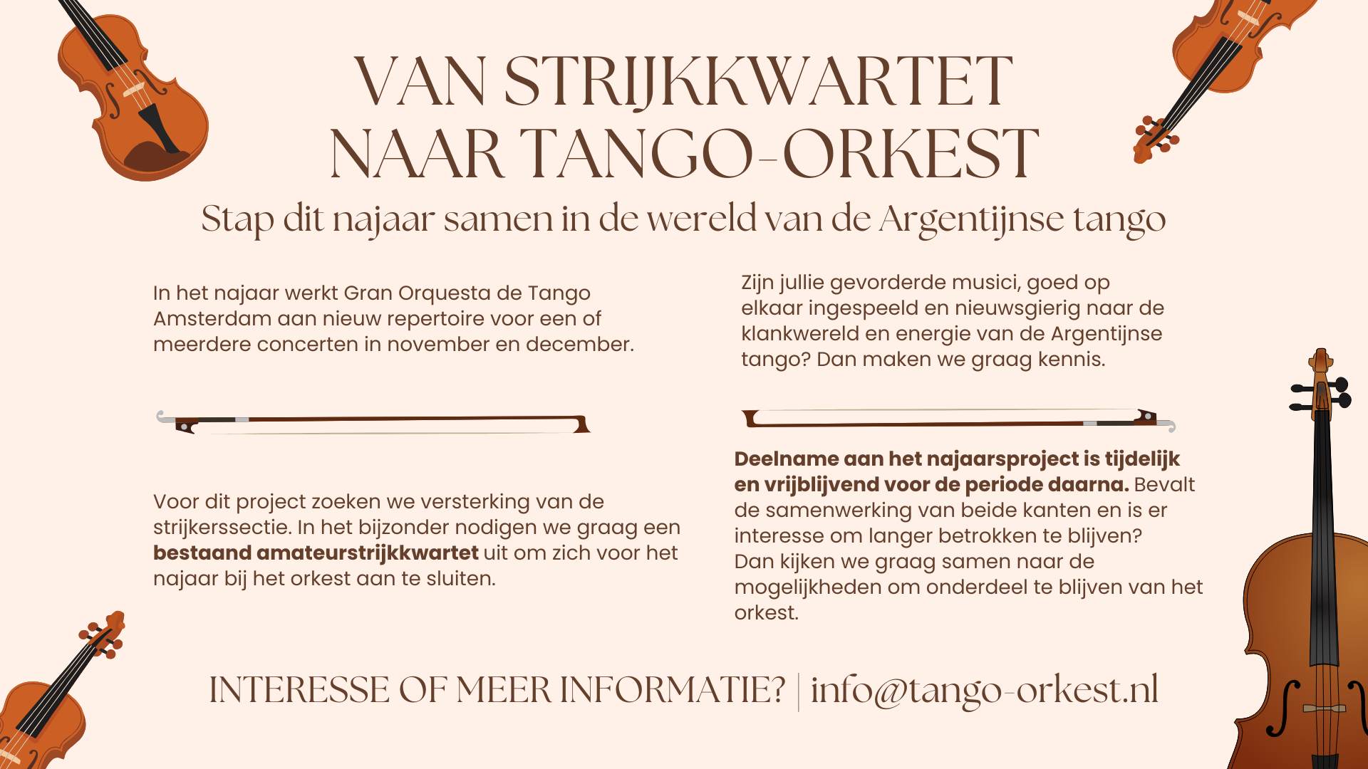 Strijkkwartet gezocht - Tango Orkest NL